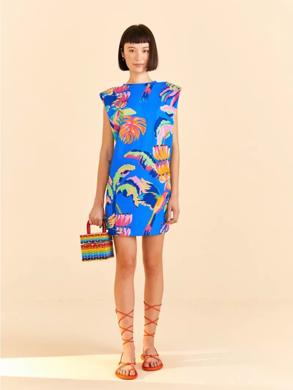 Farm Rio Blue Painted Jungle T-Shirt Mini Dress Large Rope Belt Colorful Bird